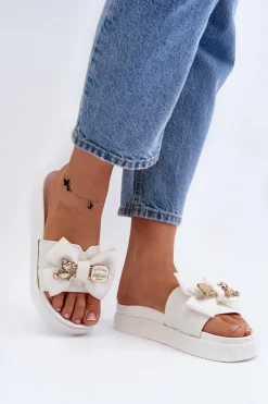 Hot Boto Damskie Klapki Z Kokardą i Misiem Białe Katterina