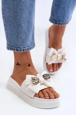 Hot Boto Damskie Klapki Z Kokardą i Misiem Białe Katterina