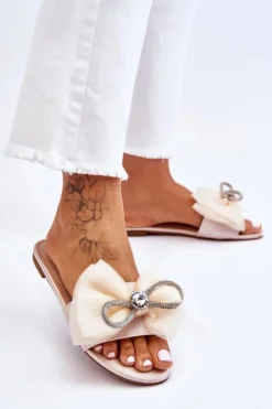 Boto Klapki Damskie Klasyczne*Damskie Klapki Z Kokardą I Cyrkoniami Beżowe Jolene