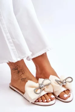 Boto Klapki Damskie Klasyczne*Damskie Klapki Z Kokardą I Cyrkoniami Beżowe Jolene