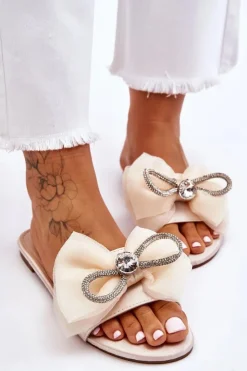 Boto Klapki Damskie Klasyczne*Damskie Klapki Z Kokardą I Cyrkoniami Beżowe Jolene