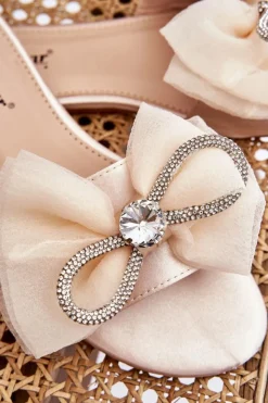 Boto Klapki Damskie Klasyczne*Damskie Klapki Z Kokardą I Cyrkoniami Beżowe Jolene