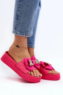 Boto Klapki Damskie Klasyczne*Damskie Klapki Z Kokardą i Misiem Fuksja Katterina Różowy