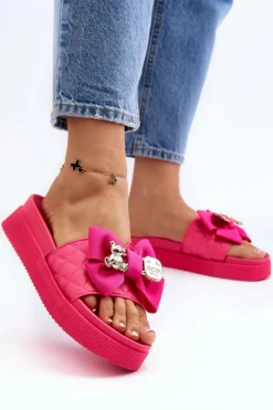Boto Klapki Damskie Klasyczne*Damskie Klapki Z Kokardą i Misiem Fuksja Katterina Różowy