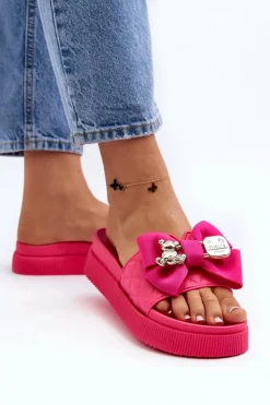 Boto Klapki Damskie Klasyczne*Damskie Klapki Z Kokardą i Misiem Fuksja Katterina Różowy