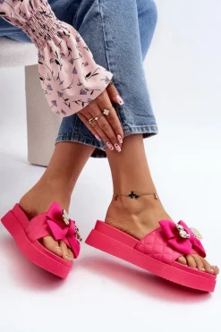Boto Klapki Damskie Klasyczne*Damskie Klapki Z Kokardą i Misiem Fuksja Katterina Różowy