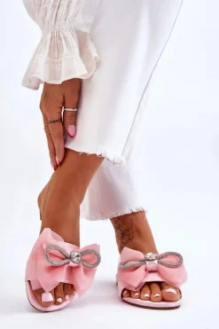 Clearance Boto Damskie Klapki Z Kokardą I Cyrkoniami Różowe Jolene