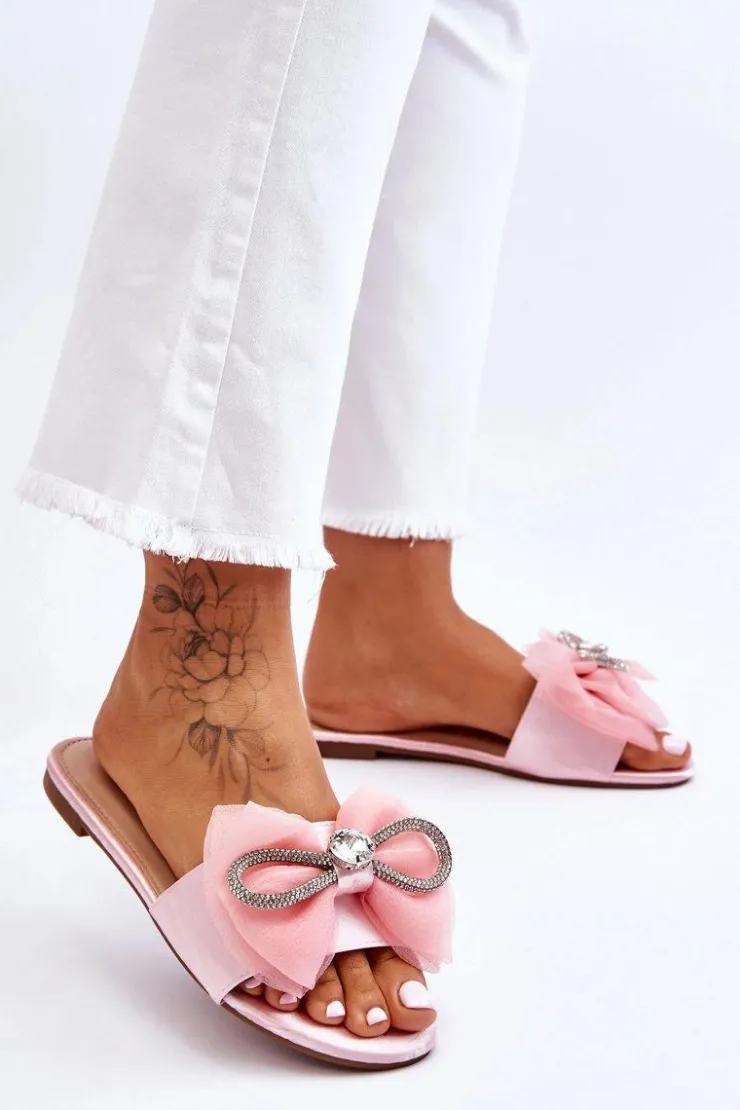 Clearance Boto Damskie Klapki Z Kokardą I Cyrkoniami Różowe Jolene