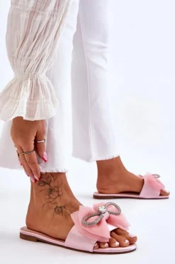 Clearance Boto Damskie Klapki Z Kokardą I Cyrkoniami Różowe Jolene