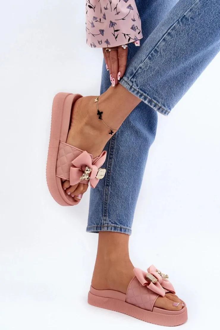 Damskie Boto Damskie Klapki Z Kokardą i Misiem Różowe Katterina