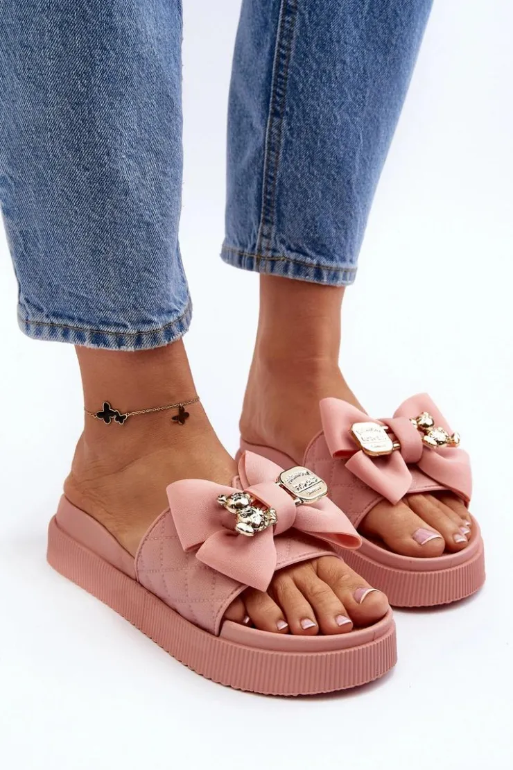 Damskie Boto Damskie Klapki Z Kokardą i Misiem Różowe Katterina