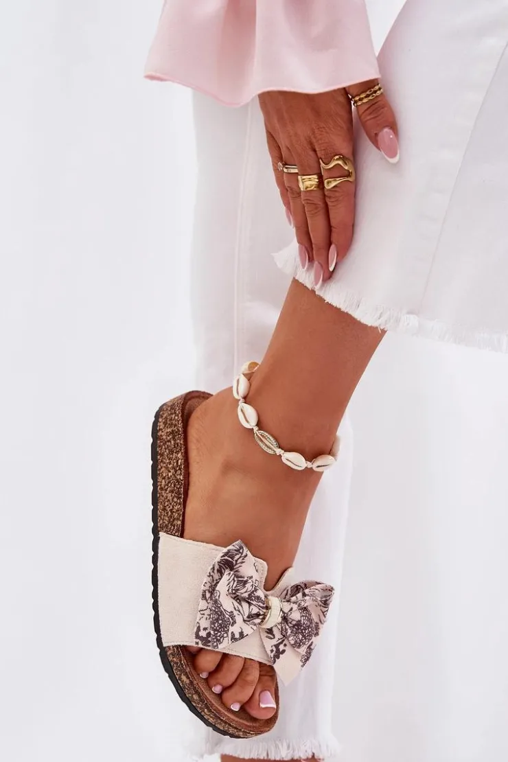 Boto Klapki Korkowe|Klapki Na Platformie*Damskie Klapki Z Kokardą Na Korkowej Platformie Beżowe Lisandrea Beżowy