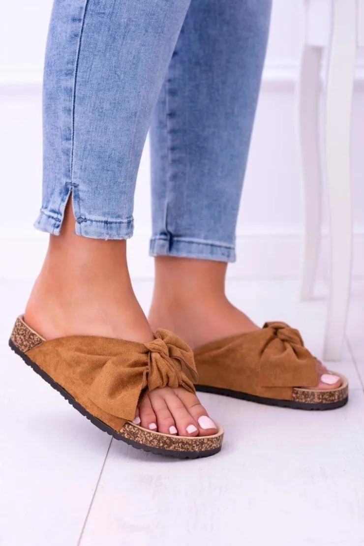 Outlet Boto Damskie Klapki Z Kokardami Na Korku Camel Sunshine