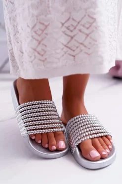 Boto Klapki Damskie Klasyczne*Damskie Klapki z Koralikami Srebrne Elavi