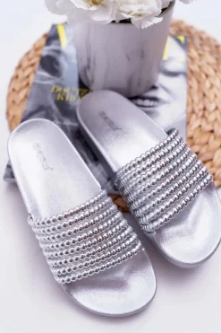 Boto Klapki Damskie Klasyczne*Damskie Klapki z Koralikami Srebrne Elavi