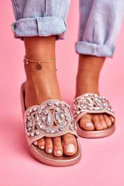 Boto Klapki Damskie Klasyczne*Damskie Klapki Z Kryształkami Różowe Złoto Audrey