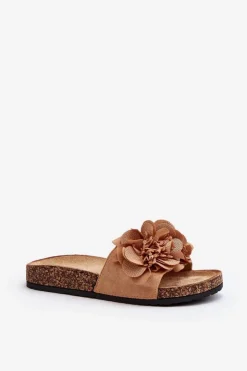 Outlet Boto Damskie Klapki Z Kwiatami Brązowe Lulania