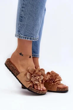 Outlet Boto Damskie Klapki Z Kwiatami Brązowe Lulania