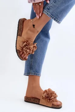 Outlet Boto Damskie Klapki Z Kwiatami Brązowe Lulania