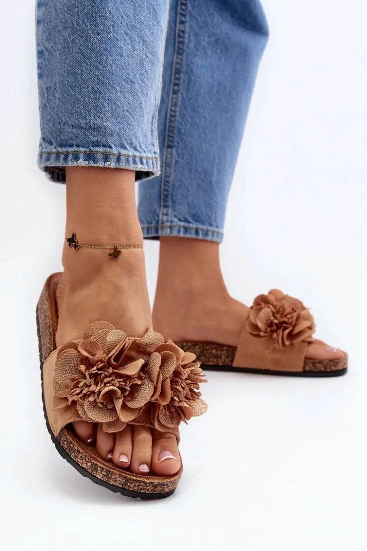 Outlet Boto Damskie Klapki Z Kwiatami Brązowe Lulania