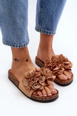 Outlet Boto Damskie Klapki Z Kwiatami Brązowe Lulania