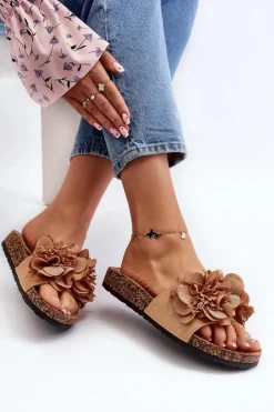 Outlet Boto Damskie Klapki Z Kwiatami Brązowe Lulania