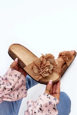 Outlet Boto Damskie Klapki Z Kwiatami Brązowe Lulania