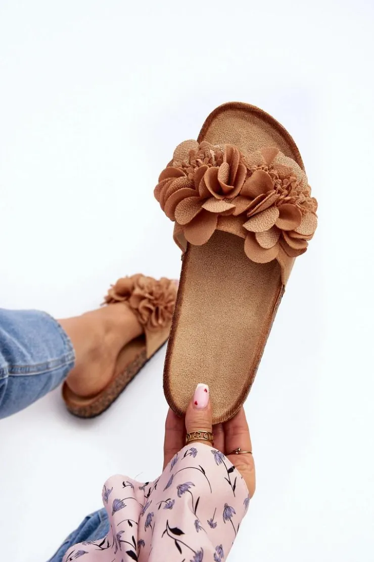 Outlet Boto Damskie Klapki Z Kwiatami Brązowe Lulania