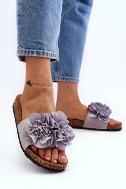 Damskie Boto Damskie Klapki Z Kwiatami Szare Lulania