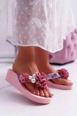 Damskie Boto Damskie Klapki Z Kwiatem Japonki Na Koturnie Różowe Sharme