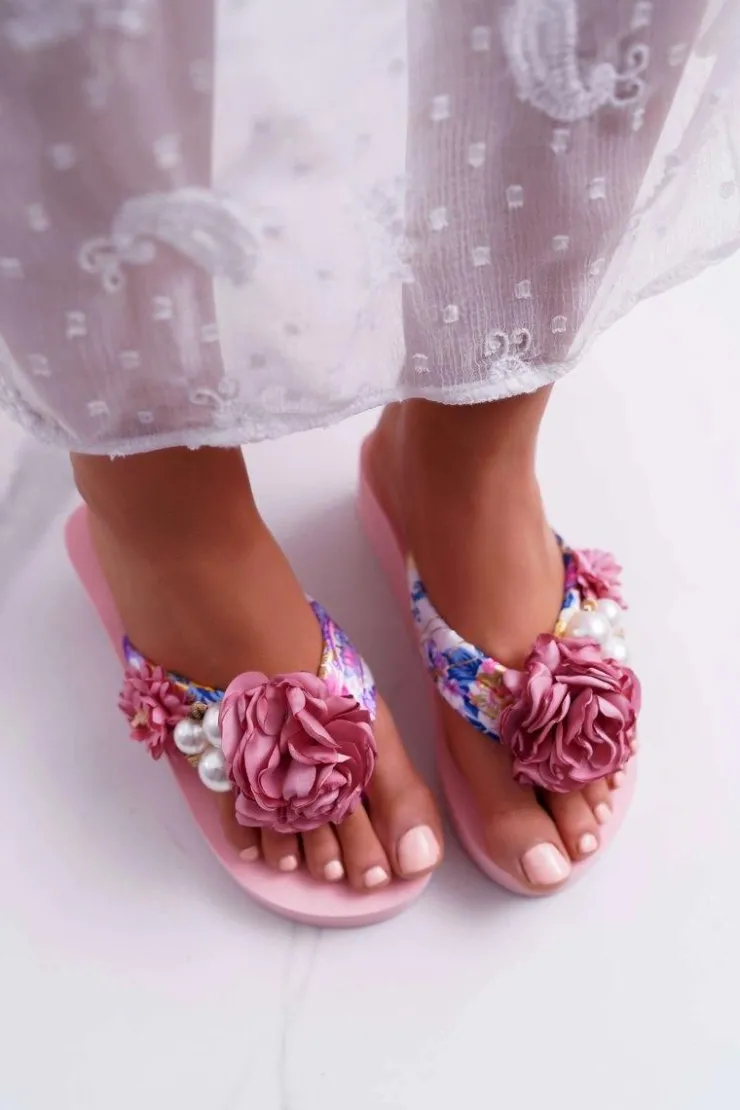 Damskie Boto Damskie Klapki Z Kwiatem Japonki Na Koturnie Różowe Sharme