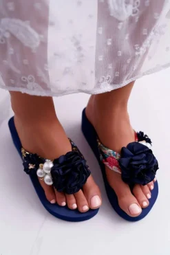 Boto Klapki Na Koturnie|Klapki Na Obcasie*Damskie Klapki Z Kwiatem Japonki Na Koturnie Granatowe Sharme
