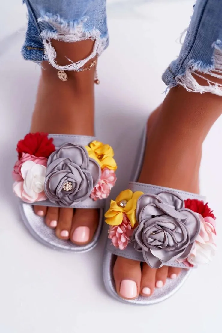 Damskie Boto Damskie Klapki Z Kwiatem Szare Della