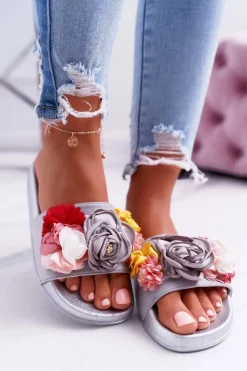 Damskie Boto Damskie Klapki Z Kwiatem Szare Della