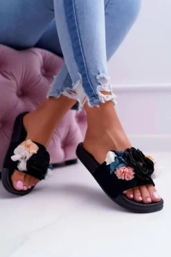 Boto Klapki Damskie Klasyczne*Damskie Klapki Z Kwiatem Czarne Della