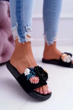 Boto Klapki Damskie Klasyczne*Damskie Klapki Z Kwiatem Czarne Della