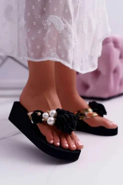 Damskie Boto Damskie Klapki Z Kwiatem Japonki Na Koturnie Czarne Sharme