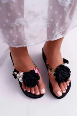 Damskie Boto Damskie Klapki Z Kwiatem Japonki Na Koturnie Czarne Sharme