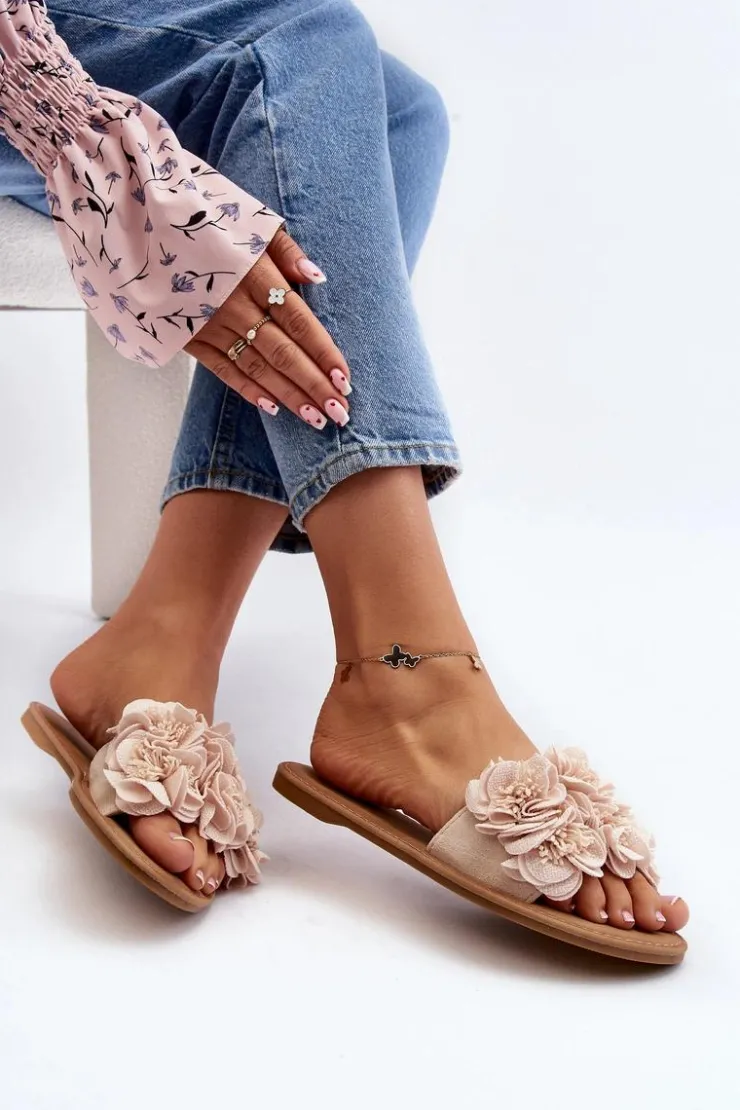 New Boto Damskie Klapki Z Kwiatkami Beżowe Eelfan