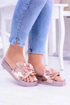 Boto Klapki Sportowe|Klapki Damskie Klasyczne*Damskie Klapki z Kwiatowym Wzorem Różowe Złoto Muah