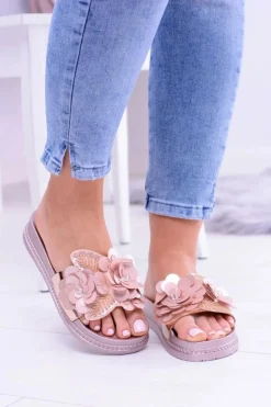 Boto Klapki Sportowe|Klapki Damskie Klasyczne*Damskie Klapki z Kwiatowym Wzorem Różowe Złoto Muah