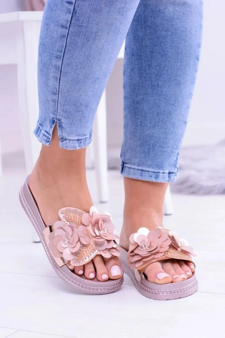 Boto Klapki Sportowe|Klapki Damskie Klasyczne*Damskie Klapki z Kwiatowym Wzorem Różowe Złoto Muah