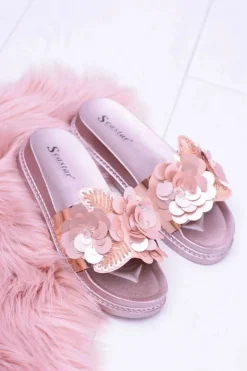 Boto Klapki Sportowe|Klapki Damskie Klasyczne*Damskie Klapki z Kwiatowym Wzorem Różowe Złoto Muah