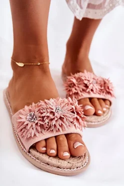 Clearance Boto Damskie Klapki Z Materiałowymi Kwiatami Różowe Susana