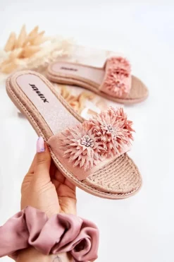 Clearance Boto Damskie Klapki Z Materiałowymi Kwiatami Różowe Susana