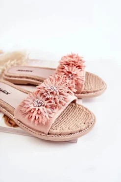 Clearance Boto Damskie Klapki Z Materiałowymi Kwiatami Różowe Susana