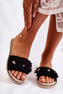 Best Boto Damskie Klapki Z Materiałowymi Kwiatami Czarne Susana