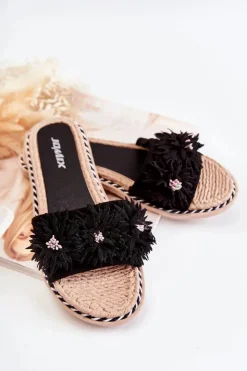 Best Boto Damskie Klapki Z Materiałowymi Kwiatami Czarne Susana