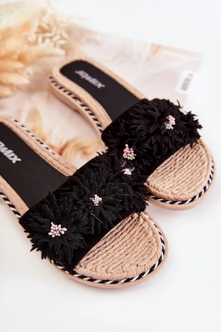 Best Boto Damskie Klapki Z Materiałowymi Kwiatami Czarne Susana