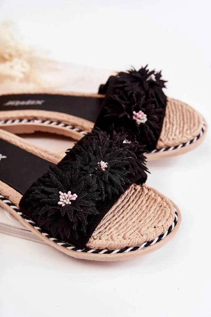 Best Boto Damskie Klapki Z Materiałowymi Kwiatami Czarne Susana